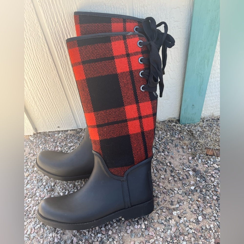 Coach Tristee Rain Boots Red Black Plaid Rubber Boots Women’s Size 9